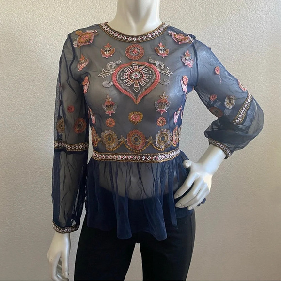 Zara Navy Blue Embroidered Long Sleeve Boho Top Size Small - Picture 4 of 13
